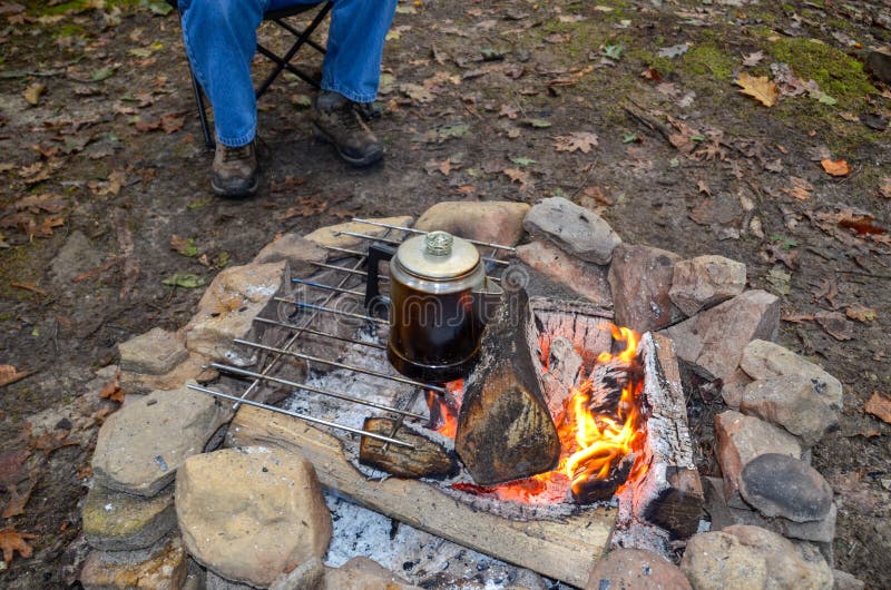 Percolating Coffee Over an Open Fire. Stock Photo - Image of metal