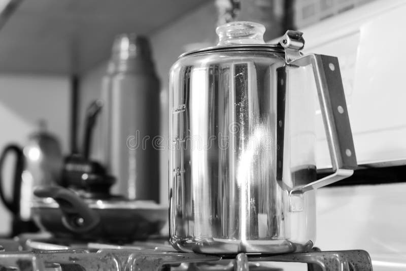 Percolator Coffee Pot and Thermos in Black and White Stock Image