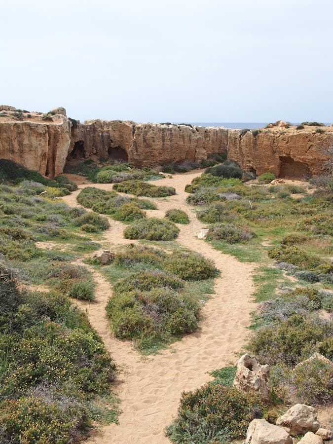Percorso che conduce alle caverne ed alle tombe scolpite nella parete rocciosa vicino al mare alla tomba dell'area di re in papho immagine stock Percorso che conduce alle caverne ed alle tombe scolpite nella parete rocciosa vicino al mare alla tomba dell'area di re in papho immagine stock