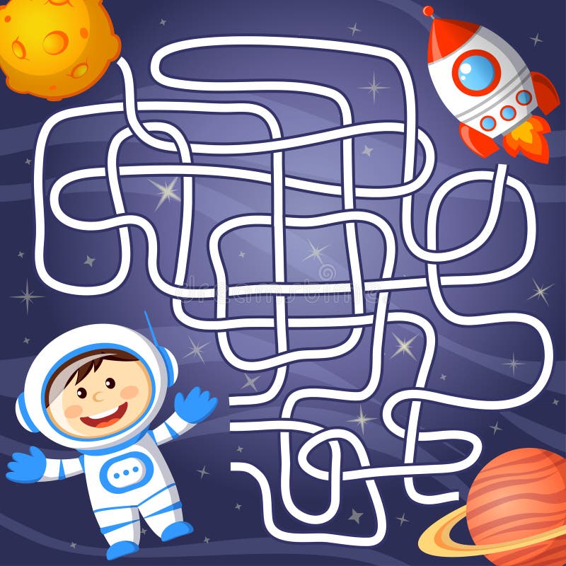Percorso del ritrovamento del cosmonauta di aiuto da saettare in alto labirinto Gioco del labirinto per i bambini