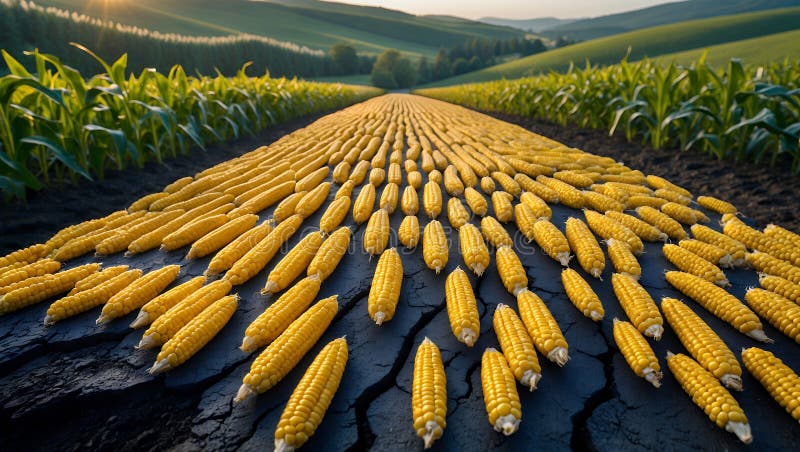 Percorso di raccolta Cob di mais dorato nel campo del tramonto illustrazione di stock