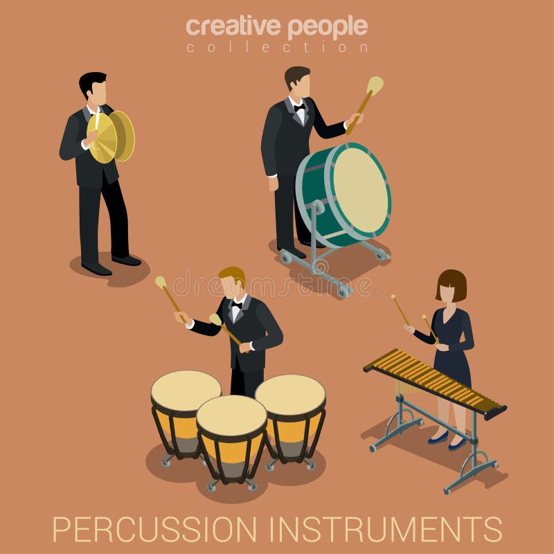 Strumenti a percussione attrezzo musicisti un appartamento  tridimensionale ragnatela isometrico vettore.