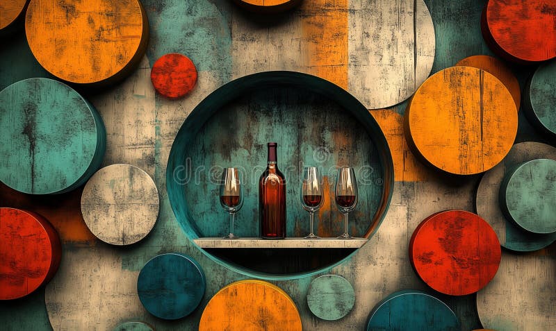 Perete abstract colorat cu tipare circulare și afișaj cu sticle de vin stock images