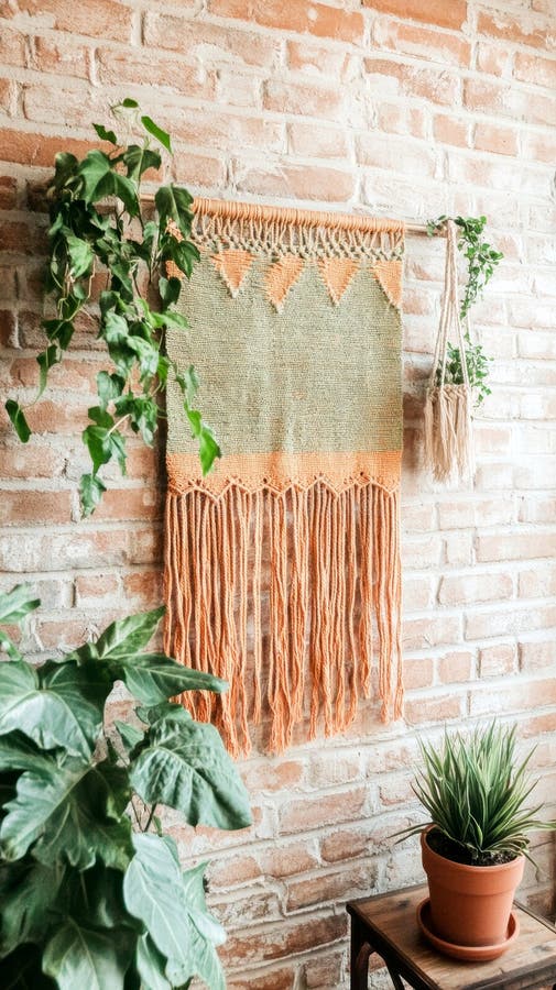 Perete decorativ macrame agățat cu plante pe un fundal de cărămidă într-un cadru interior confortabil AI Generative royalty free stock photography