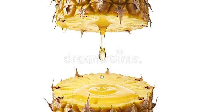 A Perfect Golden Drop of Juice Falls Between Levitating Pineapple Slices stock illustration
