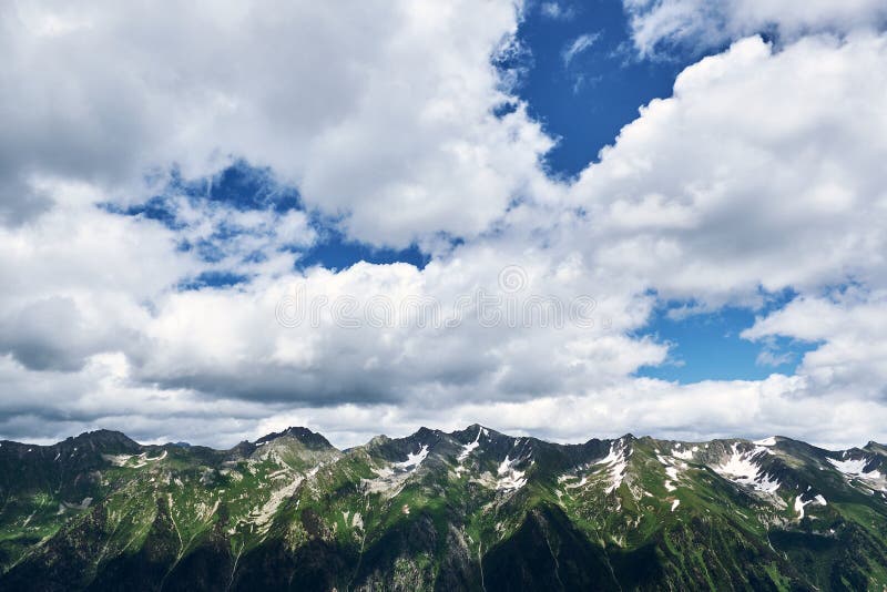 High Mountain Range Landscape With Rocky Hills River Green Valley And