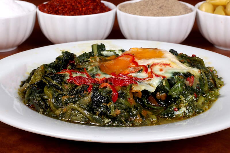 Perfect Turkish Food Egg Spinach Spicy on Plate Close Up Stock Photo