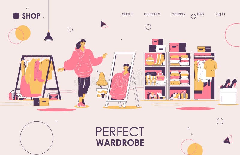 Perfect wardrobe concept landing page banner template. Vector female character looking at the mirror in oversize hoodie.