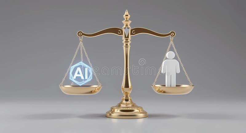 A perfectly balanced 3D render of a golden scale (Libra) with the glowing, stylized \'AI\' symbol on one pan and a simplified huma stock illustration