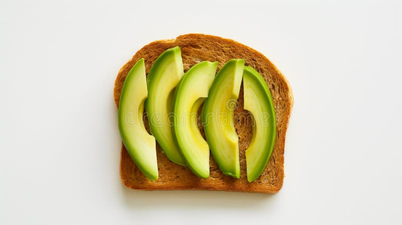 Perfekt geschnittenes Avocado, das auf einem Stück Vollkorntoast verblasst wird und ein einfaches, aber elegantes Frühstück bietet lizenzfreie abbildung