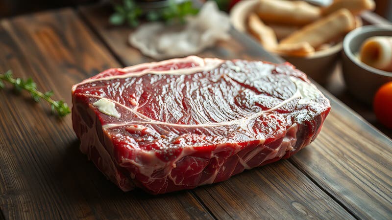 Perfekt marmorierter Rippenbraten, bereit für einen Gourmet-BBQ auf rustikalem Eichentisch Außenkochen Perfektion stock abbildung