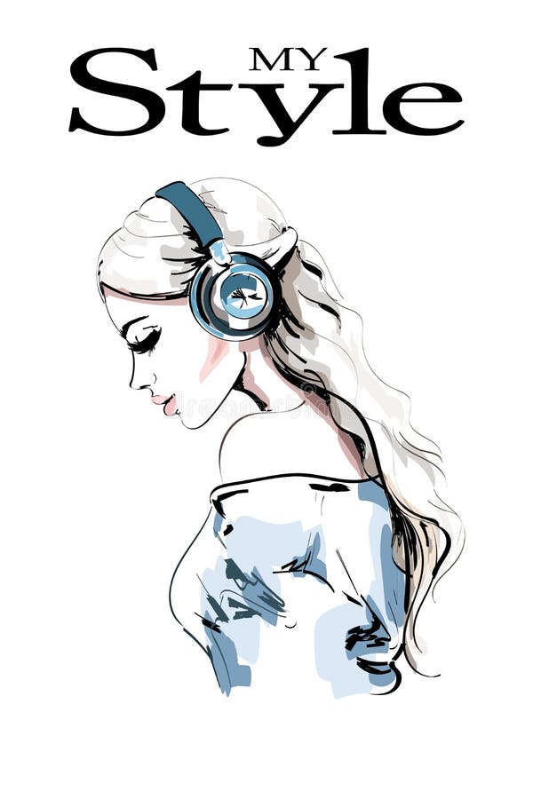 Perfil bonito da mulher nova Retrato desenhado mão da mulher Menina da forma nos fones de ouvido esboço ilustração royalty free