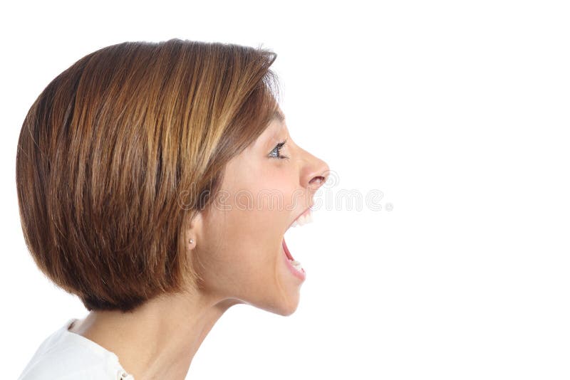 Profile of an angry young woman shouting isolated on a white background. Profile of an angry young woman shouting isolated on a white background