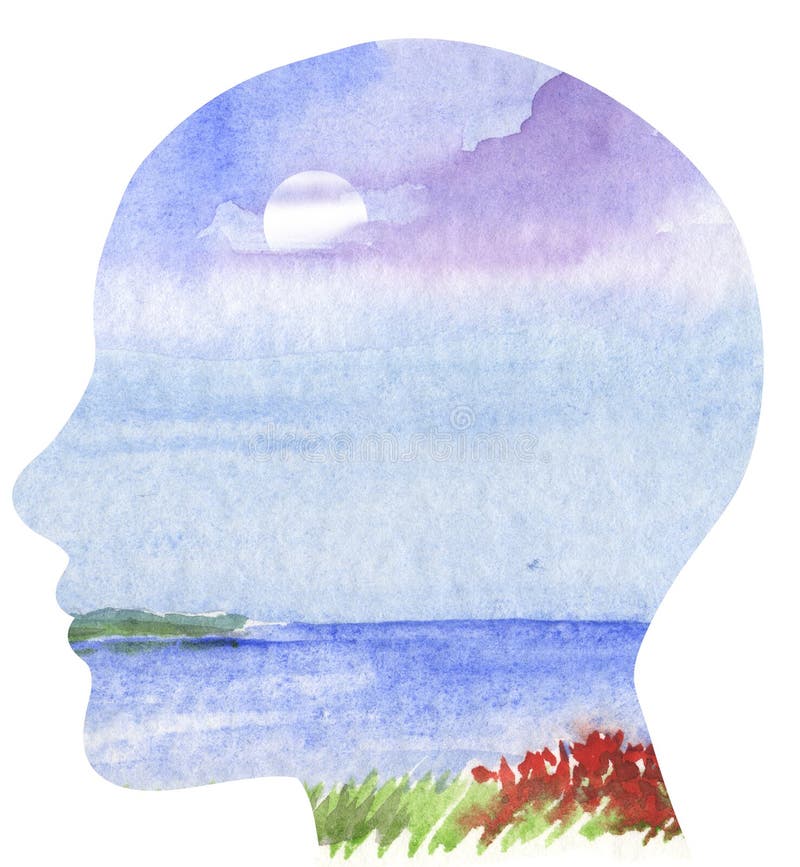 Perfil humano con paisaje del mar stock de ilustración Perfil humano con paisaje del mar stock de ilustración