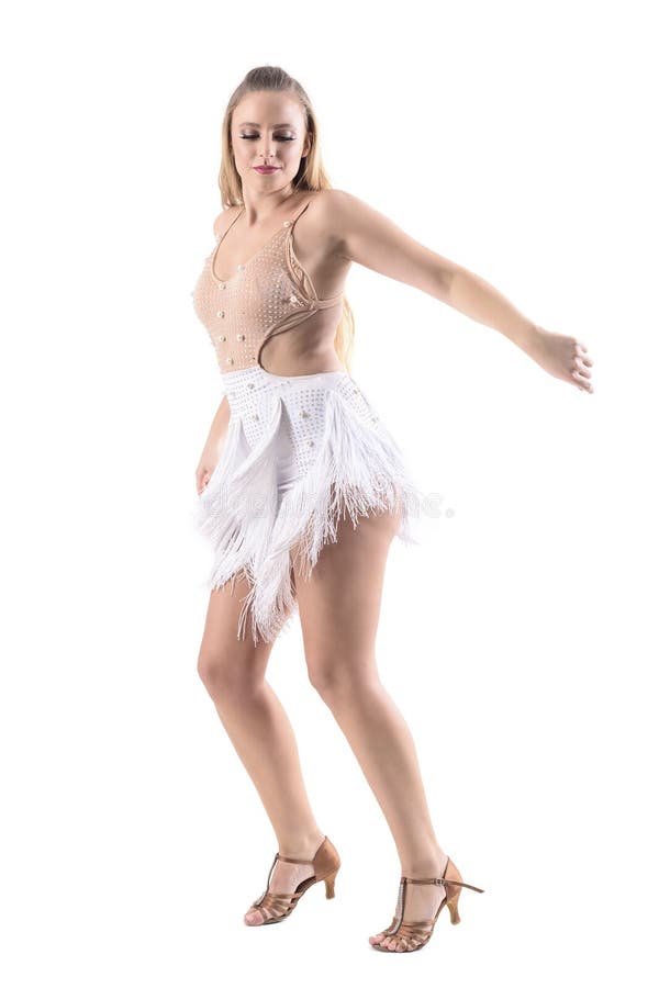 Perfile la opinión el bailarín de sexo femenino experto en la sonrisa profesional del equipo del traje de la danza imagen de archivo Perfile la opinión el bailarín de sexo femenino experto en la sonrisa profesional del equipo del traje de la danza imagen de archivo