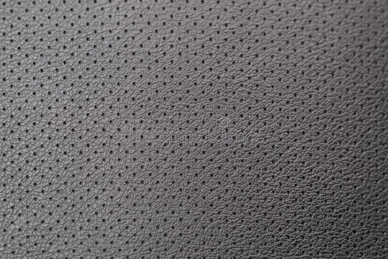 Perforated Black Leather Texture Background, Closeup. Gray Backdrop From Wrinkle Skin Stock