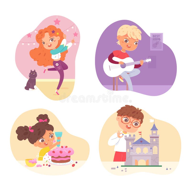Performances and hobby activity of cute kids set, happy boy and girl dance, build castle