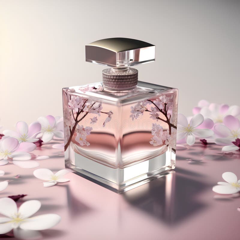 Perfume Bottle with Cherry Blossoms on a Pink Background. Stock