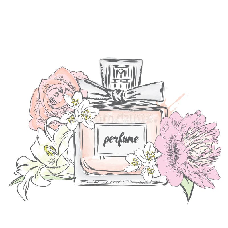 Perfume bottle and flowers.