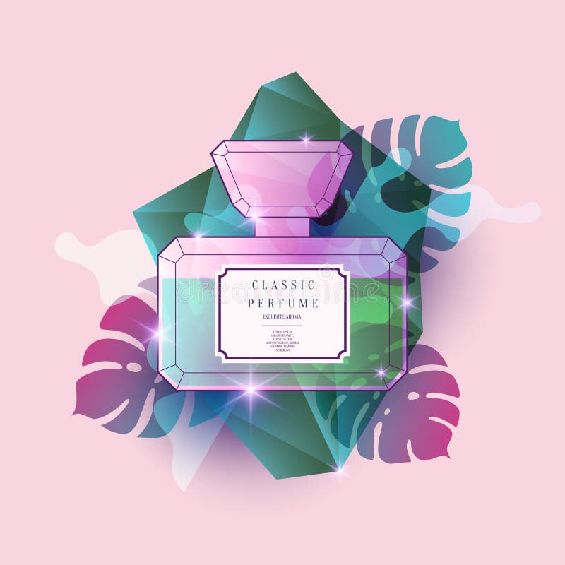 Perfume bottle with geometric pattern. Bright modern poster for advertising and sale Fragrance. royalty free illustration Perfume bottle with geometric pattern. Bright modern poster for advertising and sale Fragrance. royalty free illustration