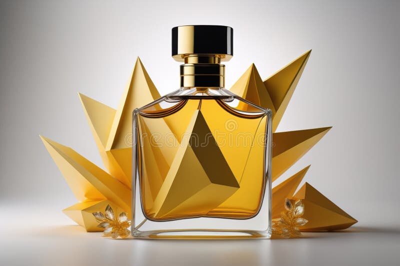 Perfume Bottle with Golden Triangle Pattern on White Background