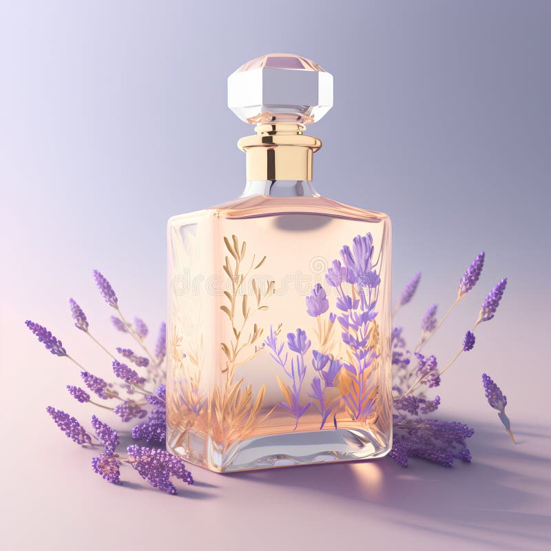 Perfume Bottle with Lavender Flowers on Violet Background. 3D Rendering