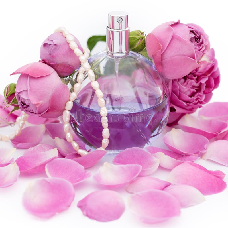 Perfume Bottle With Necklace Among Flower Petals On White ...