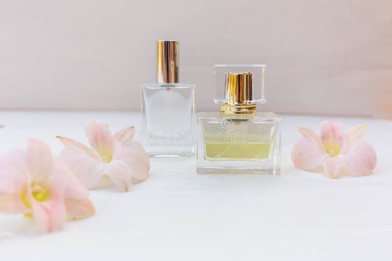 Perfume and Perfume Bottle with Pink Flowers Stock Image Image of