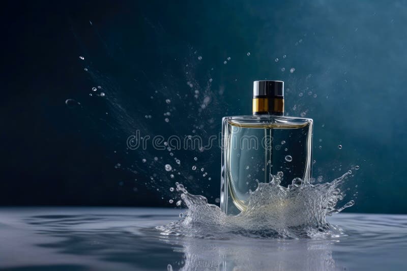 Perfume bottle in water splash. Created with Generative AI technology.