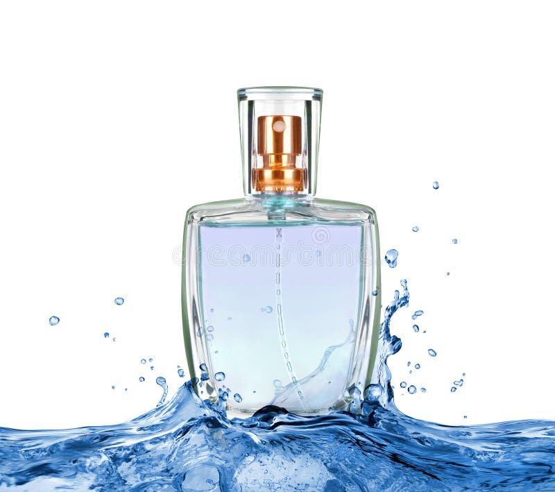 Perfume bottle in water splashes isolated on white royalty free stock image Perfume bottle in water splashes isolated on white royalty free stock image