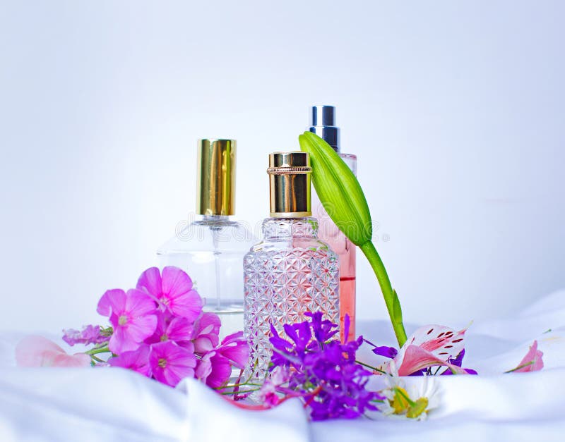 Bottles Of Perfume And Pink Flower Over White Stock Image Image of