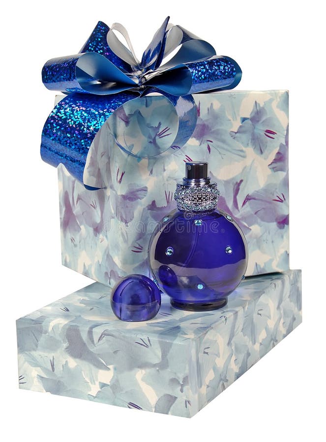 Blue gift boxes with bows and perfume bottle on a white background. Blue gift boxes with bows and perfume bottle on a white background