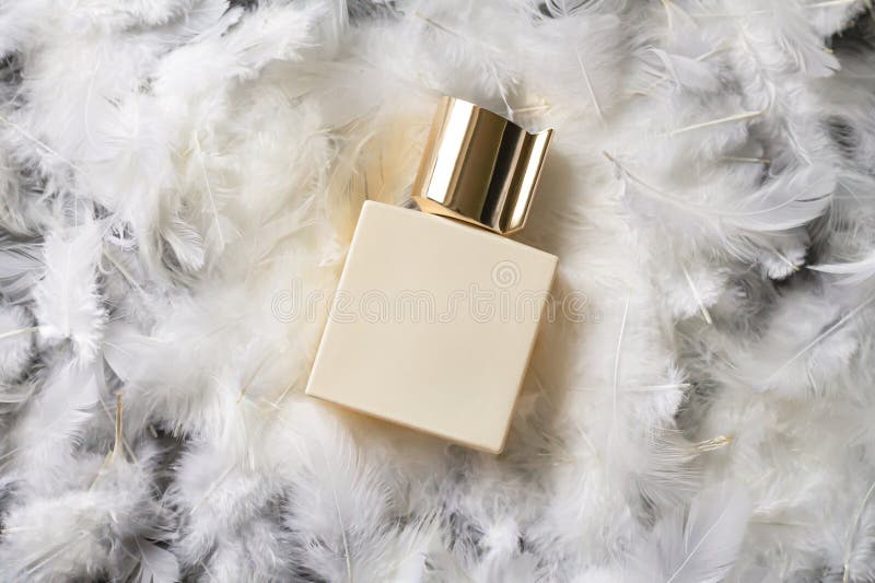 Perfumy kwadratowe butelek na tle pióra obrazy stock
