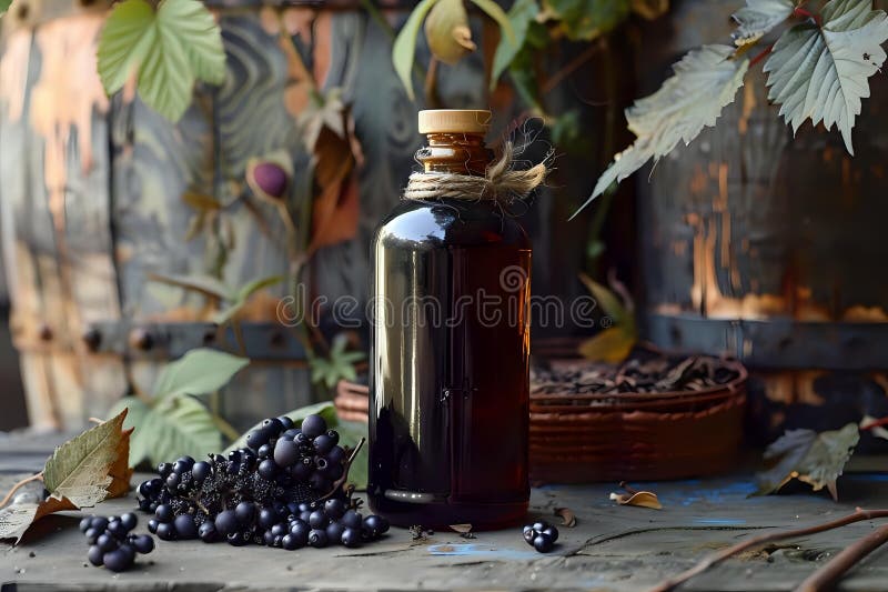 Perfuzie cu afin închis : un extract profund saturat preparat cu frunze de toamnă, creând un elixir mistic pentru bunăstare royalty free illustration