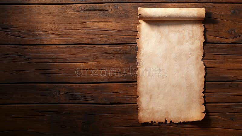Pergamena su tavolo di legno rustico illustrazione di stock