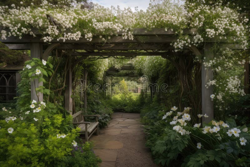 Pergola Covered in Fragrant Honeysuckle Vines, Surrounded by Blooming