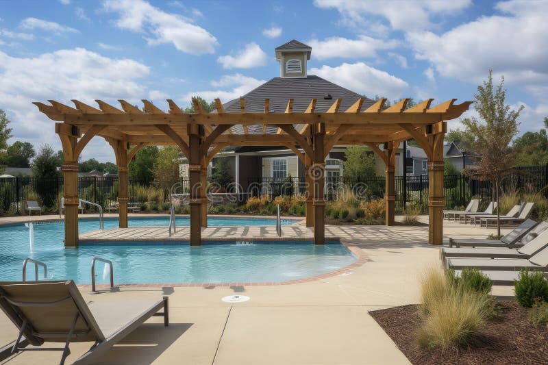 Pergola and Gazebo Over Pool Surrounded by Lounge Chairs Stock Image Image of comfort, pool