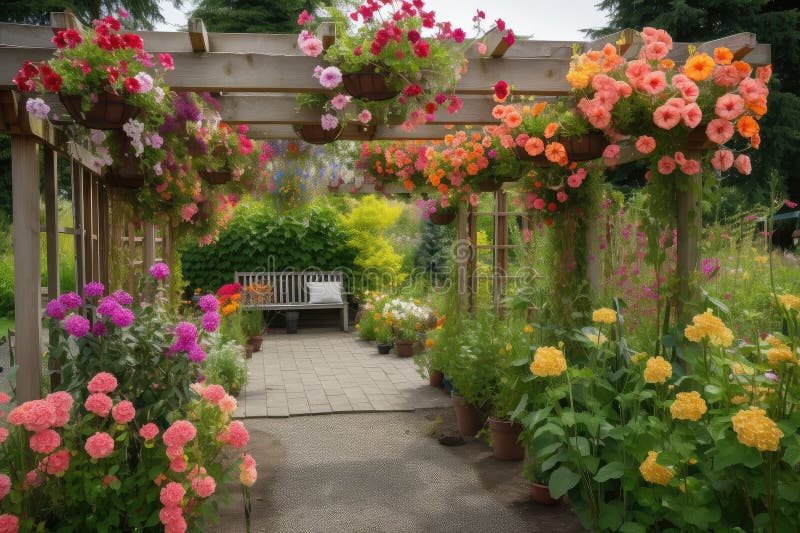Pergola with Hanging Baskets Overflowing with Colorful Blooms Stock