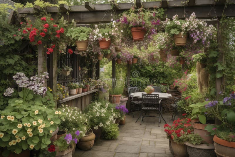Pergola with Hanging Baskets and Pots of Flowers, Surrounded by Lush