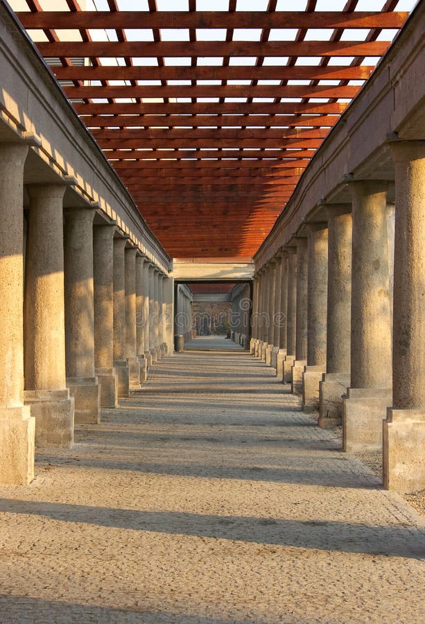 Pergola with stone columns and pavement floor. Pillar column garden stock images, royalty-free photos and pictures