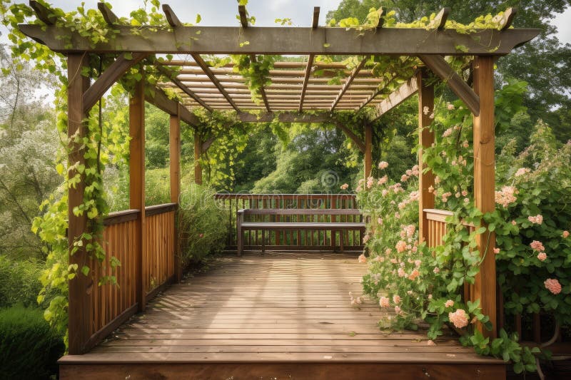 Pergola with Trellis and Climbing Vines on Wooden Deck Stock