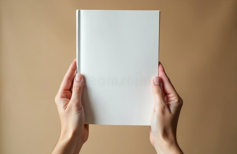 Perhanden håller en vit bok med blankt omslag. Beige-bakgrund. Anteckningsbok för textskrivning. Visa tomt utrymme. Minimalistisk vektor illustrationer