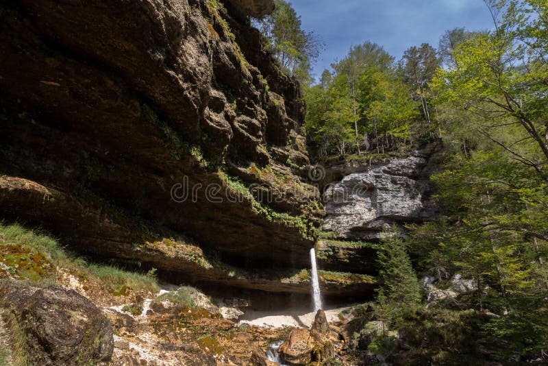 Pericnik Waterfall with Water Falling Down a Mountain, Seen from Below