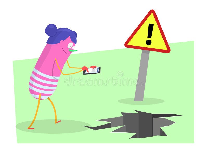 Danger with smartphones: Young woman distracted with the smartphone, about to fall into a hole. Vector. Danger with smartphones: Young woman distracted with the smartphone, about to fall into a hole. Vector
