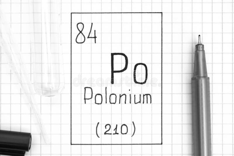 The Periodic table of elements. Handwriting chemical element Polonium Po with black pen, test tube and pipette