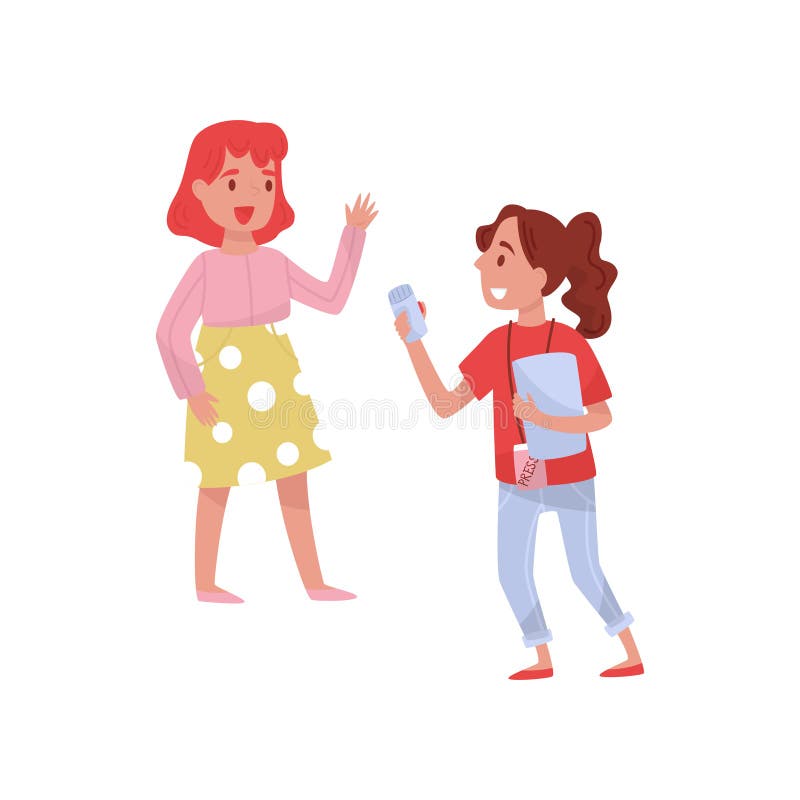 Periodista sonriente con el registrador sano que hace entrevista con la mujer joven Profesional en el trabajo Diseño plano del ve libre illustration Periodista sonriente con el registrador sano que hace entrevista con la mujer joven Profesional en el trabajo Diseño plano del ve libre illustration