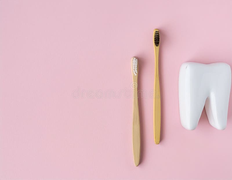 Periuțe naturale de bambus pe fond plat de fond roz. O gamă plană atrăgătoare din punct de vedere vizual de periuțe de bambus ecologice pe fond roz moale, care să promoveze o protecție dentară durabilă.