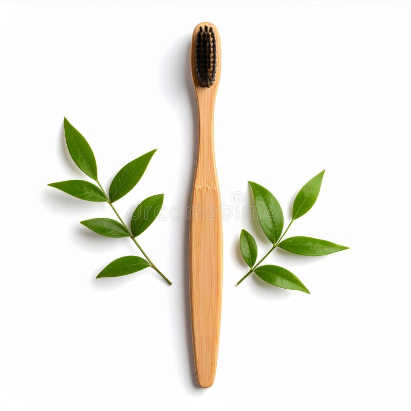 Periuță de dinți naturală din bambus cu frunze verzi pe fundal alb vector illustration
