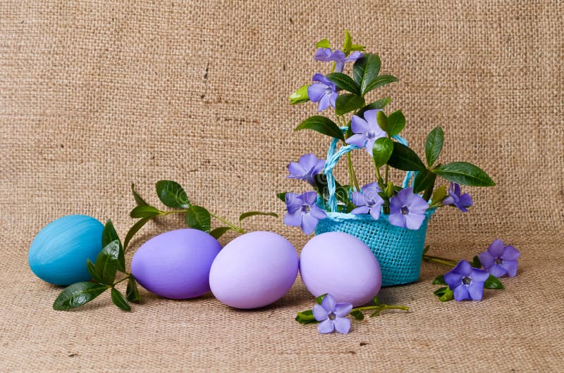 Periwinkle in the Basket and Easter Eggs Stock Photo Image of