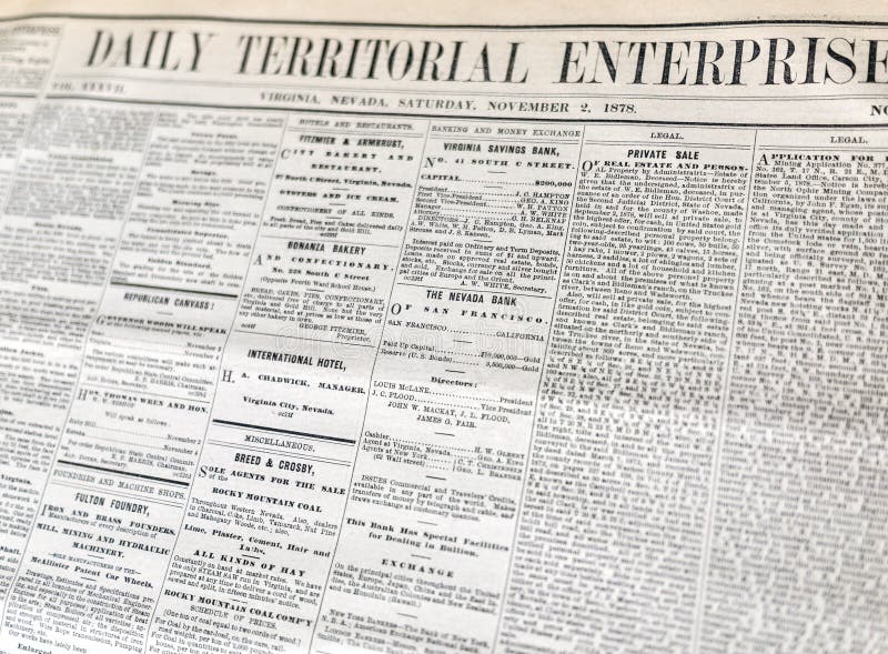 Historic Territorial Enterprise newspaper from 1878. Historic Territorial Enterprise newspaper from 1878